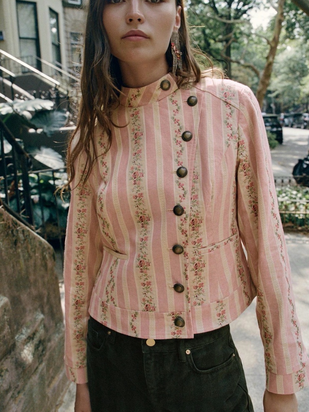 Zara Striped Floral Button-Front Pink Jacket